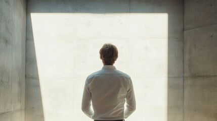 Man Contemplating Bright Future in Minimalist Concrete Room