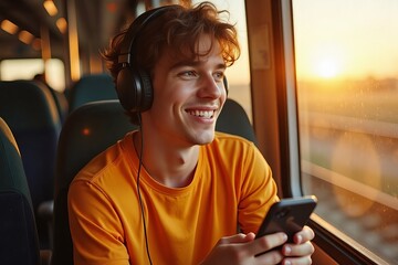 A young guy at the train window listens to music on headphones using a smartphone 