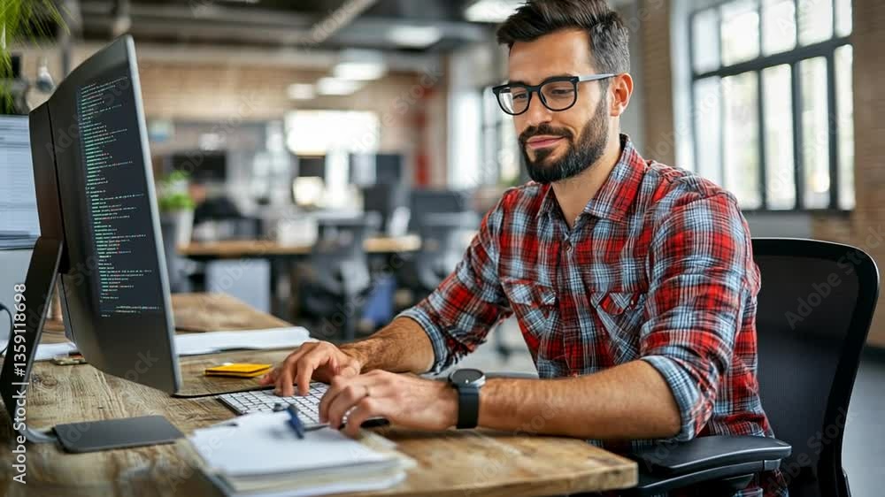 Poster portrait of male programmer working in modern office environment generative ai
