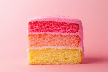 A delicious slice of colorful layered cake presented on pink