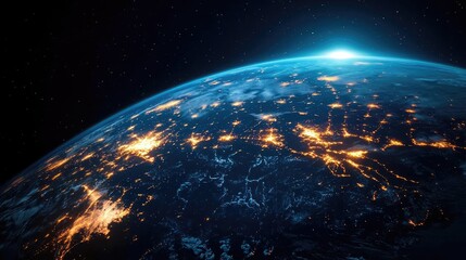 Obraz premium Earth at night showcasing world map and communication network concept. Stunning view of Earth from space, showcasing glowing city lights.