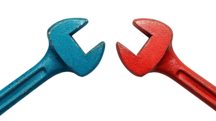 Red and blue adjustable wrenches facing each other on a black background.