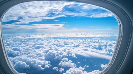 Beautiful blue sky with white clouds view from airplane window 