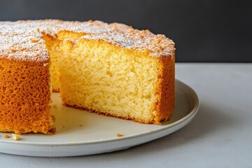 A delicious yellow cake with powdered sugar on a plate
