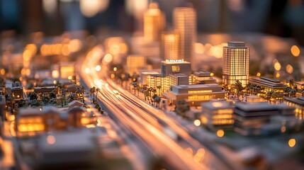 Dawn light streams across a precisely designed cityscape miniature buildings and streets evoke dreams of urban innovation.  