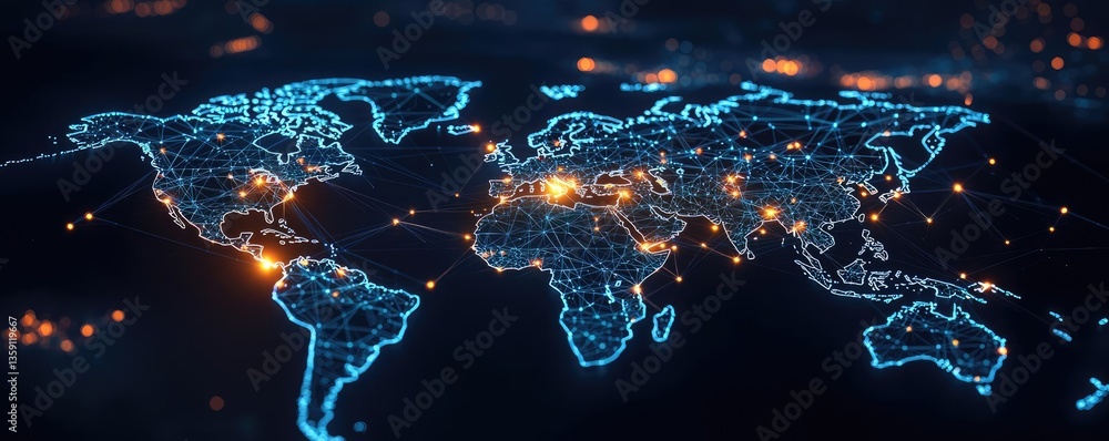 Poster earth at night showcasing world map and communication network concept. a stunning digital map showca