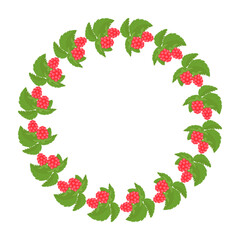 Raspberry round frame isolated on a white background. Red berries and green leaves in the flat style. The center of the frame is free for your inscription. Templates for decor.