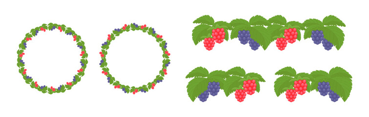 Raspberry, blackberry round frame and horizontal border, different options. Isolated on a white background. Red berries and green leaves in the flat style. 