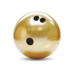 A realistic vector illustration depicting a golden bowling ball striking and scattering shiny pins.