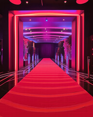 Fototapeta premium Glamorous red carpet entrance set for VIP arrivals at a movie premiere under vibrant lights