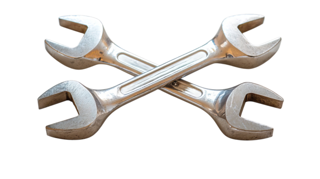 Two metal wrenches crossed, symbolizing tools and mechanics in a sleek design.