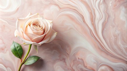 A single blush rose with delicate petals rests gracefully atop a swirling abstract background of soft pink and cream hues.