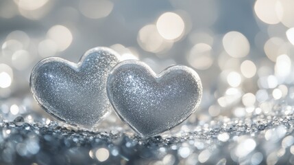 Fototapeta premium two sparkling silver hearts on glittering background
