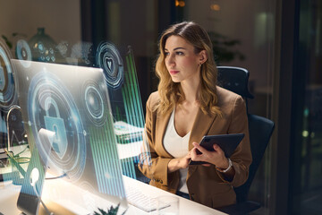 Professional Woman Working On Cybersecurity With Holograms In Modern Office Environment