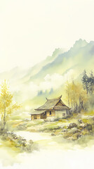 Misty Mountain Village Landscape Painting