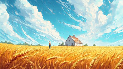 A scenic wheat field with a hardworking farmer