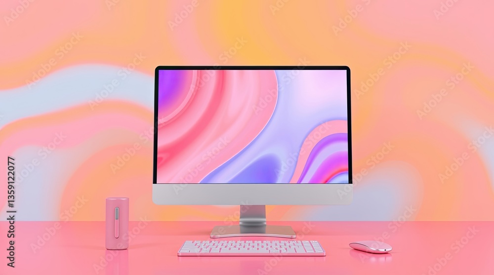 Poster elegant desktop computer setup with coordinating pink accessories