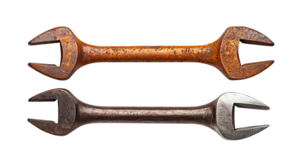 Two vintage wrenches, one rusty orange and one dark, showcasing wear and character.