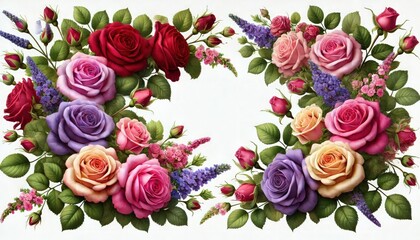 Fototapeta premium A stunning collection of bouquet roses in multiple vibrant colors, including deep red, soft pink, lavender, and bright yellow, arranged as decorative corner elements. 