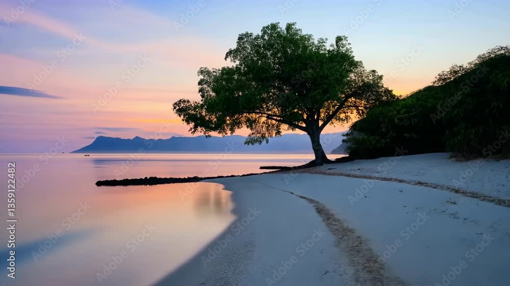 Poster a beautiful beach scene with a tree in the foreground and a calm ocean in the background. the sky is