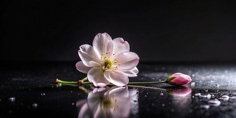A single delicate blossom rests upon a wet black surface, reflecting its beauty in the water droplets
