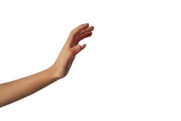 A boy's hand reaching out to grab on a white background.