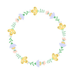 Round floral frame on white background. Delicate pastel purple and yellow flowers. Empty space for inscription in the center. Isolated vector illustration.