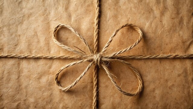 A simple twine bow tied on a rustic brown package with a textured paper surface.