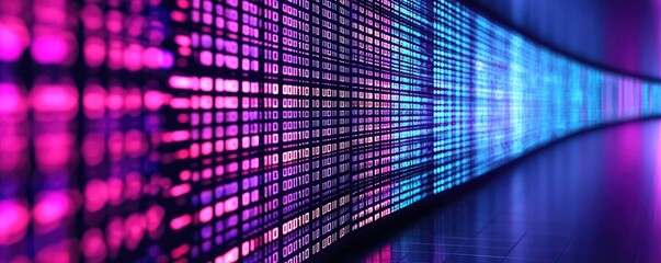 Obraz premium Binary code background with scientific database and technology concept. Vibrant LED lights creating a digital wave in motion.