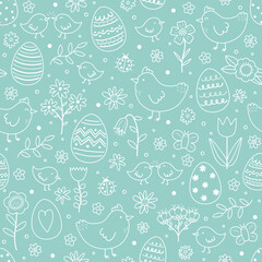 Colourful Easter texture in cartoon style. Hand drawn chicks, eggs and flowers. Doodle.  Vector illustration