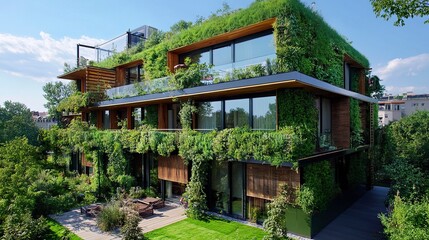 Fototapeta premium Energy-efficient house lush green facades renewable power sources and eco-friendly materials ideal for sustainable living. 