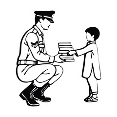 A soldier giving the books to a child