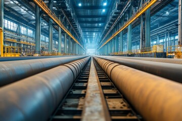 Fototapeta premium Massive Industrial Factory with Pipes on Conveyor Belt - Modern Infrastructure