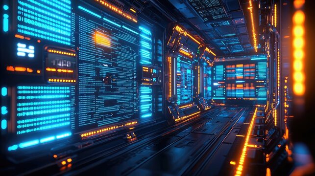 Binary code background in digital matrix with scientific database concept. Futuristic corridor with glowing blue and orange lights.