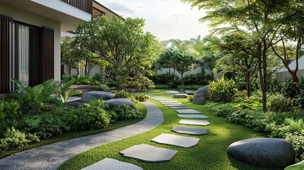 Exterior garden plan modern residential layout stone walkways lush greenery minimalist landscaping tranquil vibe.  
