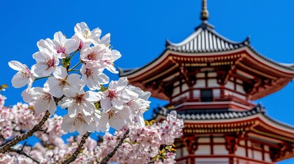 Vibrant Red Pagoda and Delicate White Cherry Blossoms Under a Clear Spring Sky