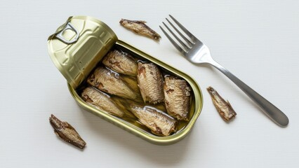 Canned sardines in golden tin with fork on white background Food photography highlighting healthy snacks and sustainability