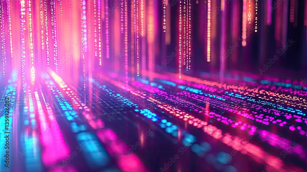 Poster binary code background with scientific database and technology concept. vibrant digital light waves 