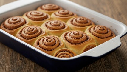 Freshly baked cinnamon rolls in a cooking tray on a wooden table Ideal for comfort food and family gatherings