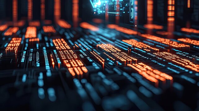 Binary code background with scientific database and technology concept. Futuristic digital landscape with glowing data streams.