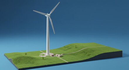 Obraz premium A white wind turbine stands on a green grassy landscape