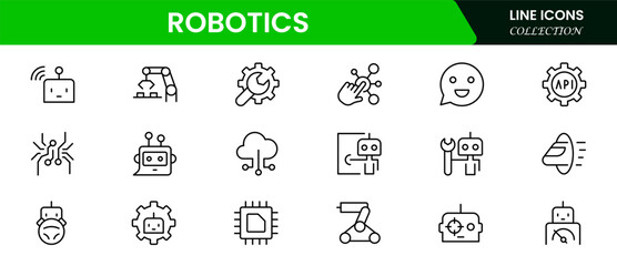 Robotics & Automation Icons vector illustration with thin line editable stroke containing data science, algorithm, chatbot, automation, machine learning, neural networks, face.