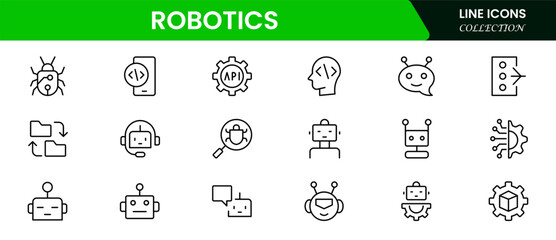 Robotics & Automation Icons vector illustration with thin line editable stroke containing data science, algorithm, chatbot, automation, machine learning, neural networks, face.