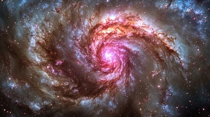 A vibrant spiral galaxy with pink, red, and blue hues, swirling arms, and a bright core.