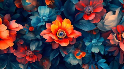 Vibrant Floral Garden, Dark Teal and Red Flowers