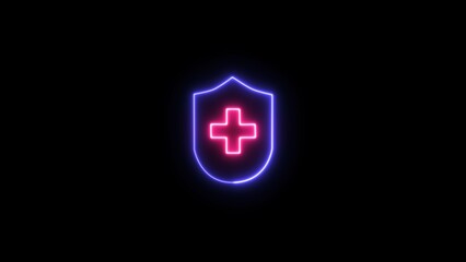 Neon First aid illustration. medical cross sign on black background.
