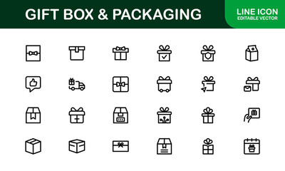 Professional Gift Box and Packaging Icon Set Vector Illustration. Most Useful Icons for Gift Wrapping, Boxes, and Packaging