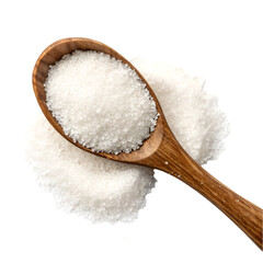 A wooden spoon filled with white sugar