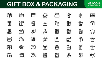 Professional Gift Box and Packaging Icon Set Vector Illustration. Most Useful Icons for Gift Wrapping, Boxes, and Packaging
