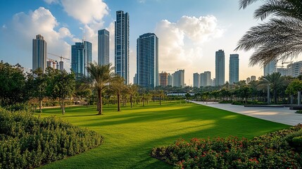 Obraz premium Green oasis in bustling city manicured park lawns stretch toward skyline serene and inviting relaxation spot.